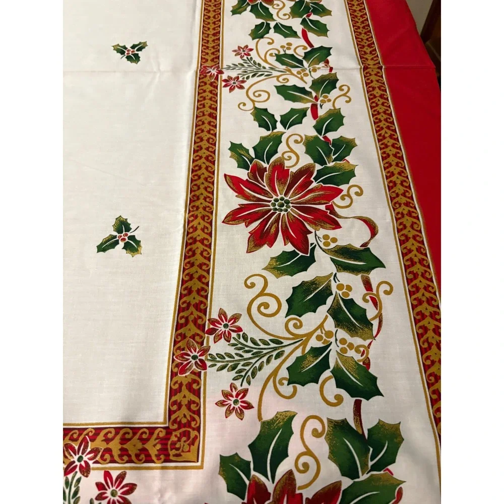 Christmas Poinsettia Holly Tablecloth White Red Green Holiday Dining‎  58 x100